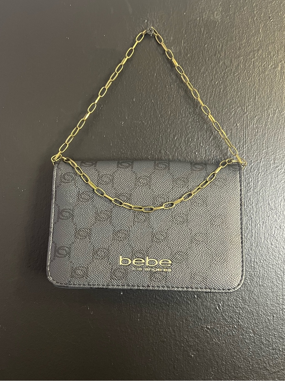 Bebe Pewter Grey Monogram Mini Shoulder Bag with Bronze Chain